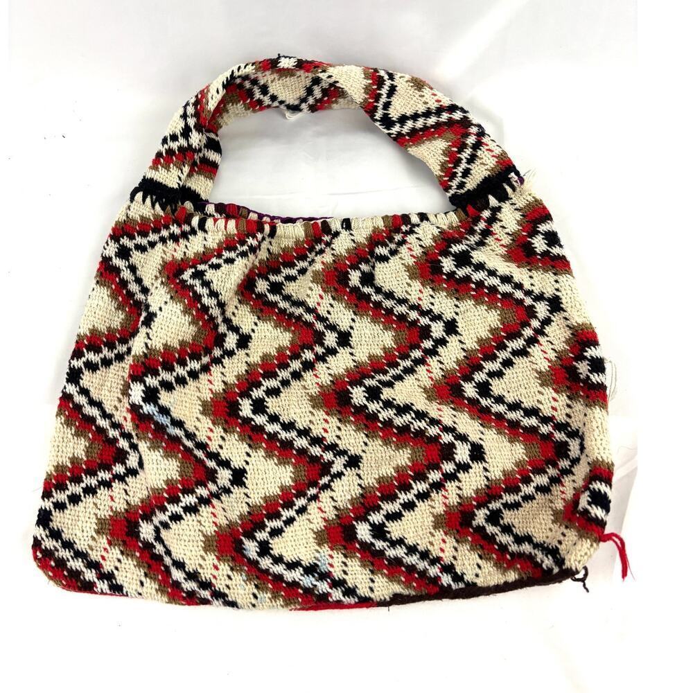 VTG Handmade Crocheted Hand Woven Purse Zigzag